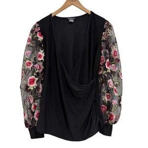 Venus Women's 1X Black Floral Embroidered Mesh Long Sleeve Surplice Wrap Top